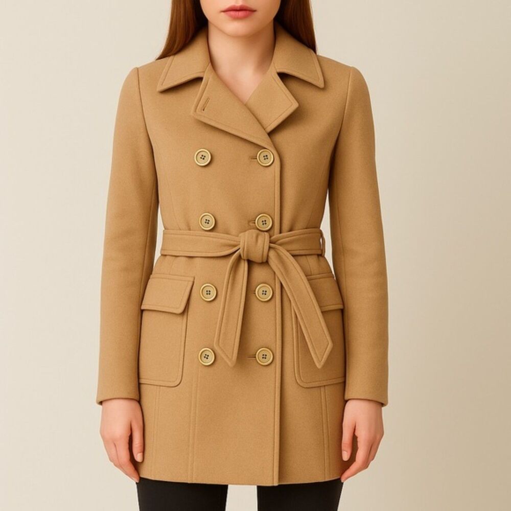 Boston Proper Wool Double Breasted Mid Length Belted Overcoat Camel Tan Size 4